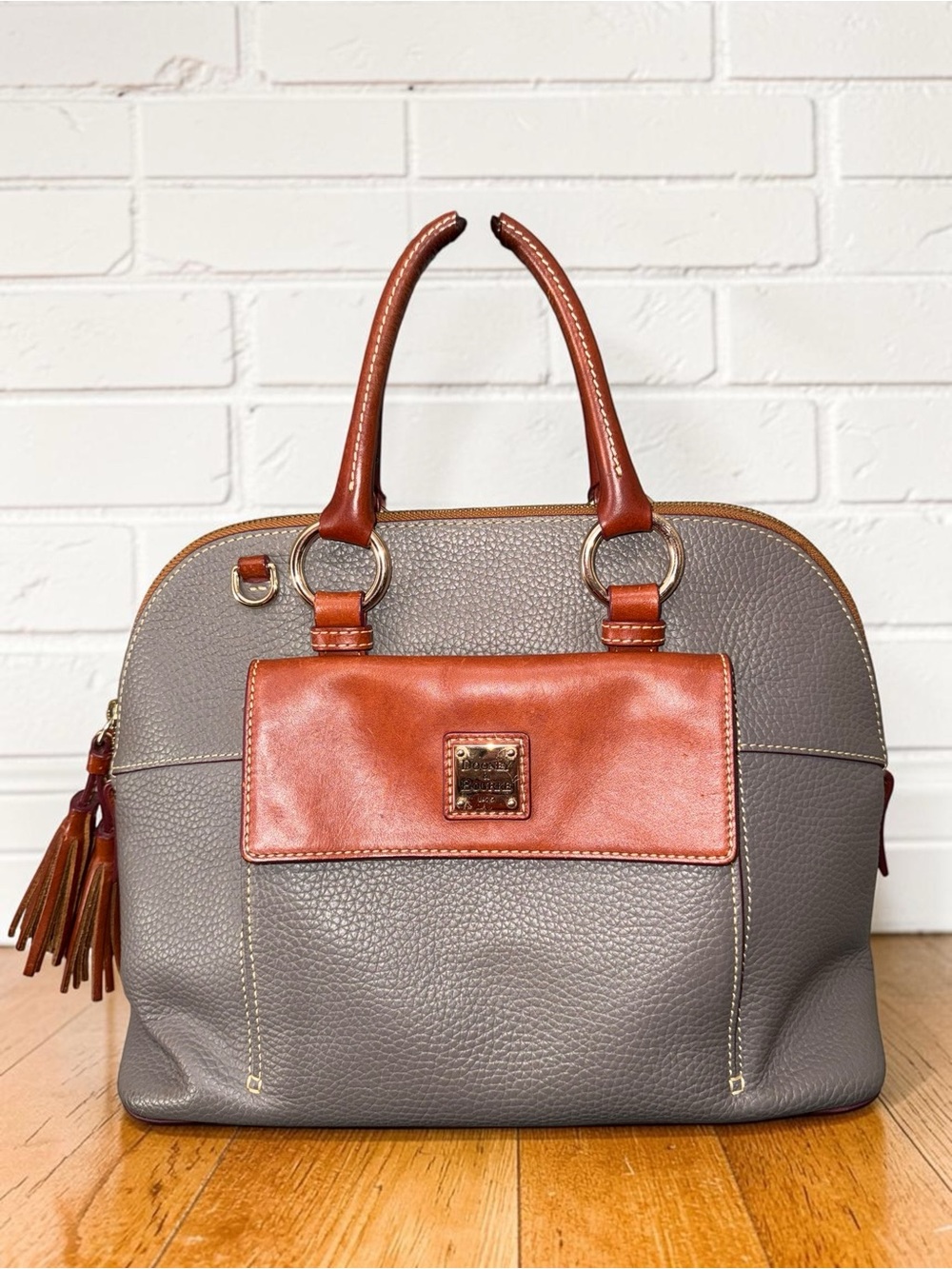 Dooney & Bourke Aubrey Gray Leather Satchel with Brown Trim
